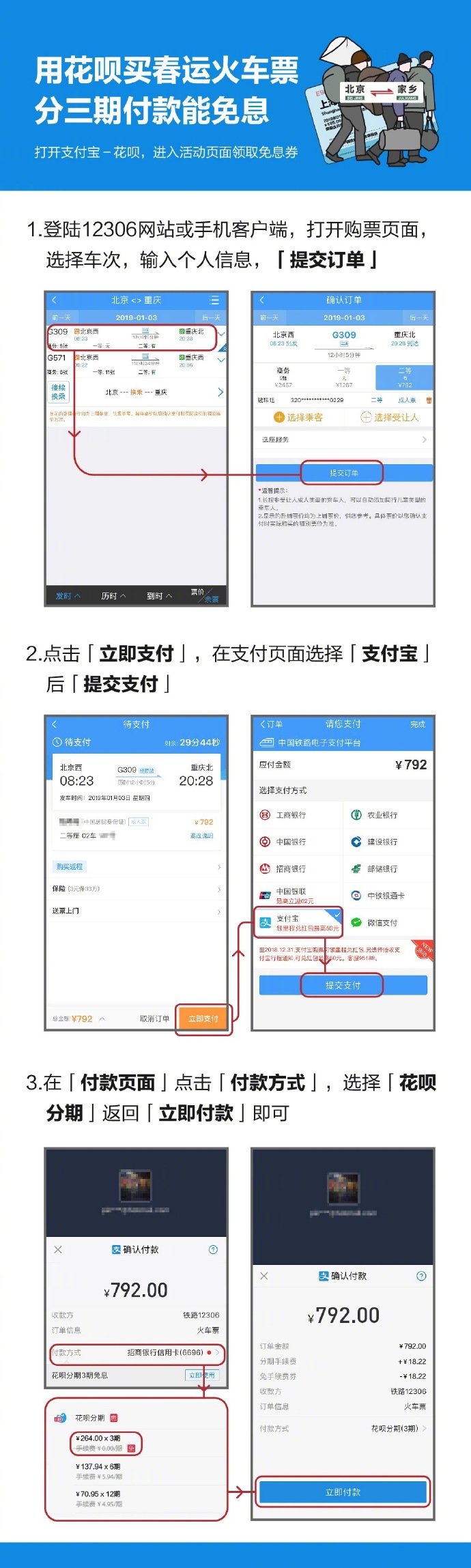 支付寶：春運(yùn)火車票支持花唄免息分期購買